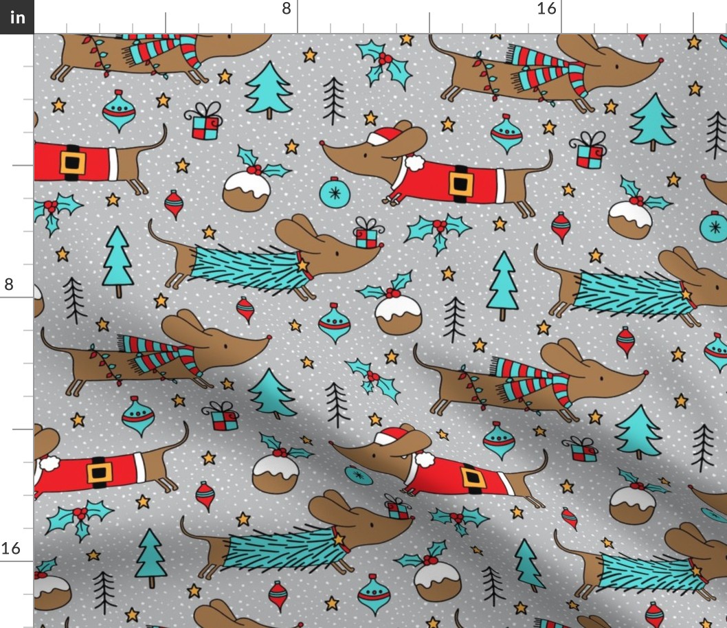 Dachshund Christmas blue on light grey- small scale