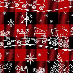 Christmas Trains on Red Buffalo Plaid - large scale