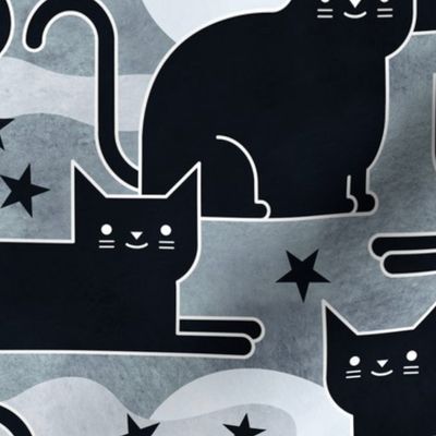 Black Cats - Medium- Halloween Night Cat- Black- White- Gray- Grey- Neutral- Moon- Stars