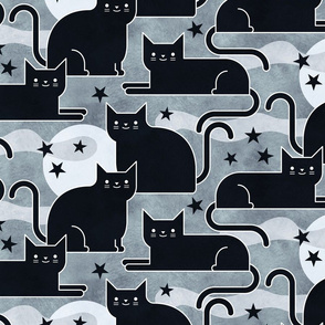 Black Cats - Medium- Halloween Night Cat- Black- White- Gray- Grey- Neutral- Moon- Stars