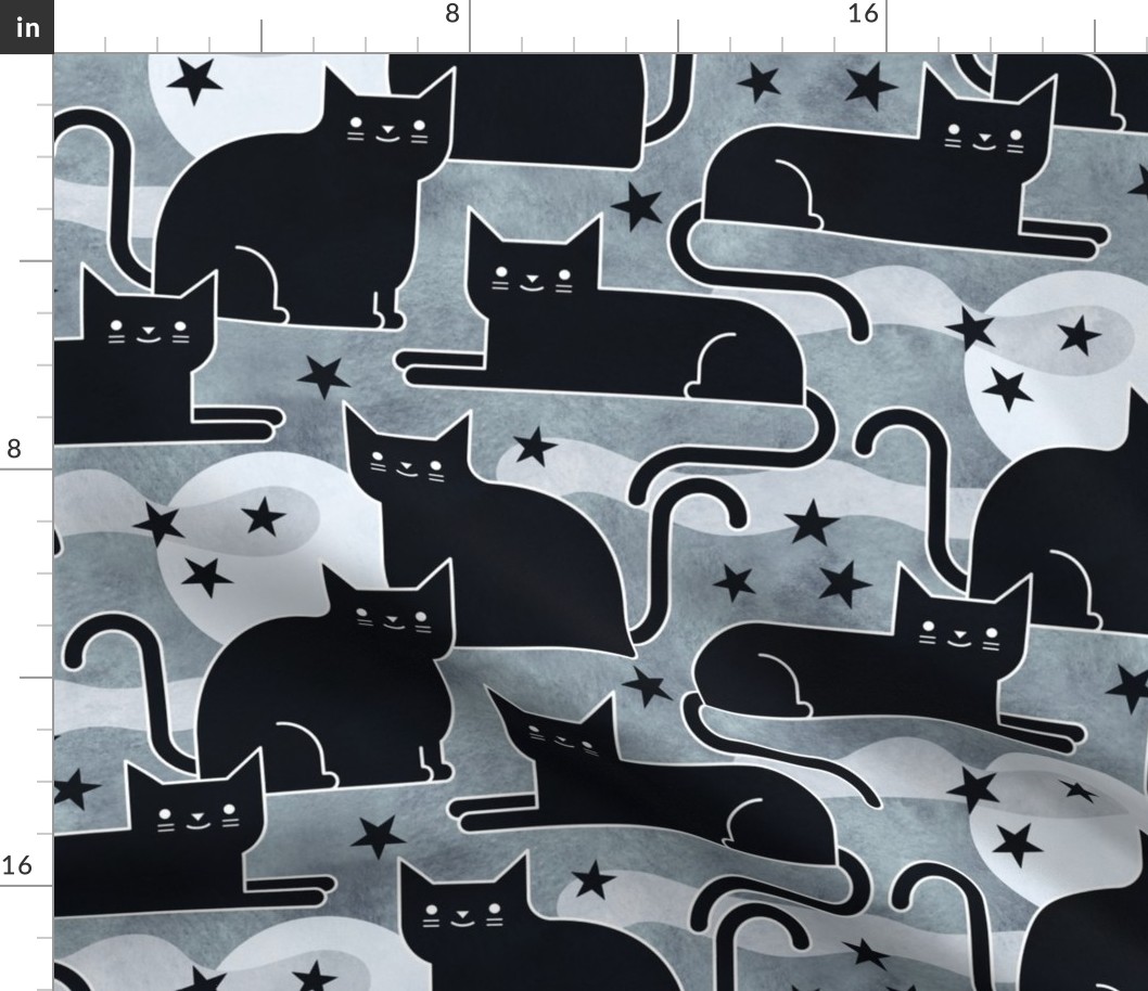 Black Cats - Medium- Halloween Night Cat- Black- White- Gray- Grey- Neutral- Moon- Stars