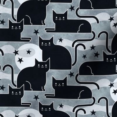 Black Cats Small- Halloween Night Cat- Black- White- Gray- Grey- Neutral- Moon- Stars