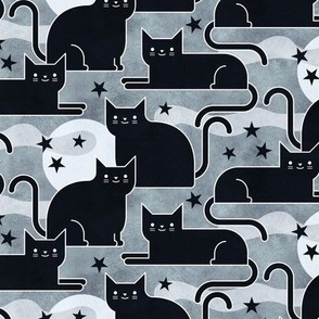 Black Cats Small- Halloween Night Cat- Black- White- Gray- Grey- Neutral- Moon- Stars