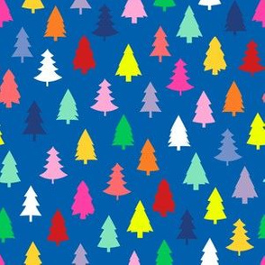 Ditsy Douglas Fir Christmas Trees in Blue + Mod Rainbow