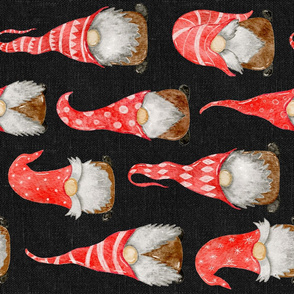 Red Watercolor Christmas Gnomes on dark grey linen rotated- large scale