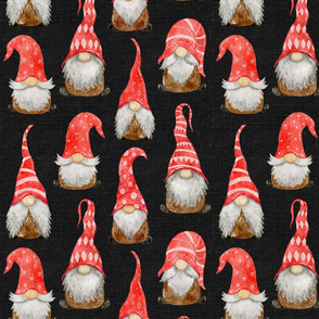 Red Watercolor Christmas Gnomes on dark grey linen - medium scale