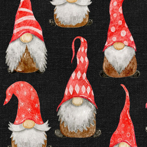 Red Watercolor Christmas Gnomes on dark grey linen - large scale
