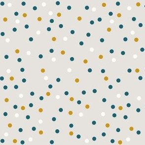 mustard, white, and teal dots on greige 