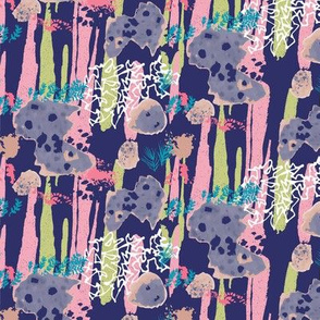 forest floor abstract lichen brights Prussian Blue and pink