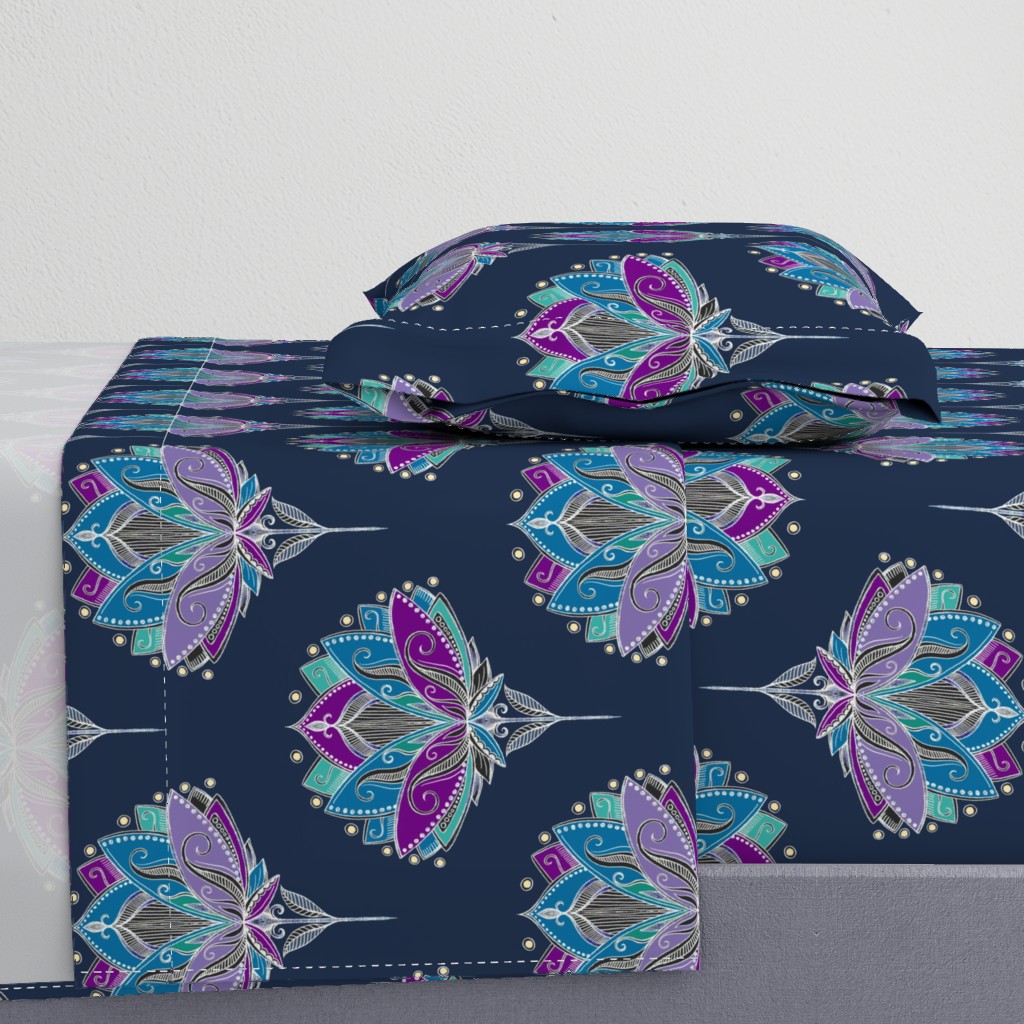 Art Deco Lotus Rising in Midnight Purples 2 - spaced out version