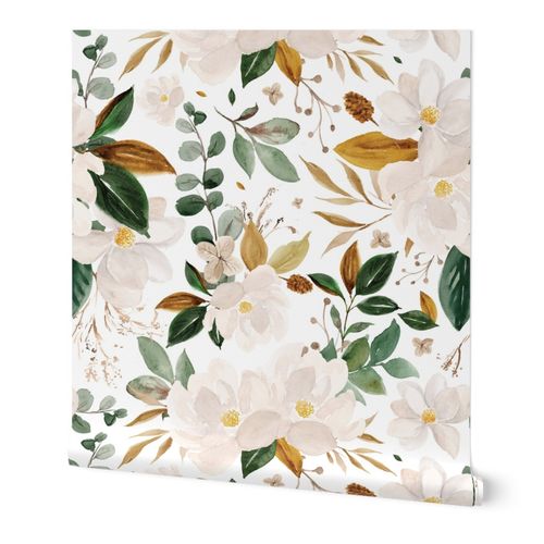 gold magnolia floral - oversized Wallpaper | Spoonflower