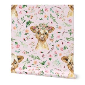 Floral Highland Cows Fabric - Maroon Floral Highland Cow - Baby