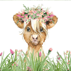 18x18" baby highland cow with grass and flowers on white  background