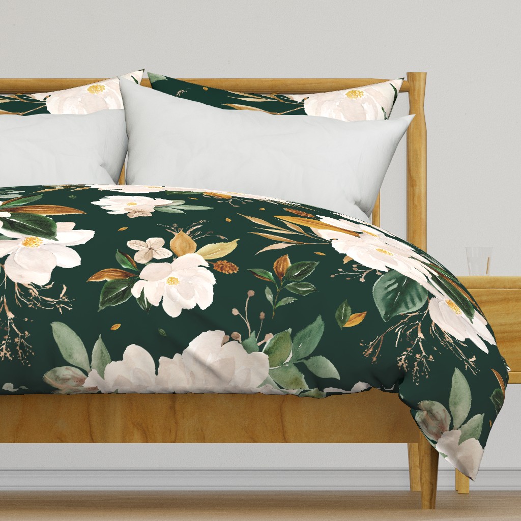 gold magnolia floral on monstera green background - oversized