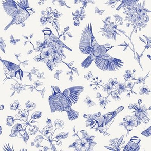 Blossom Garden with birds. Blue and white