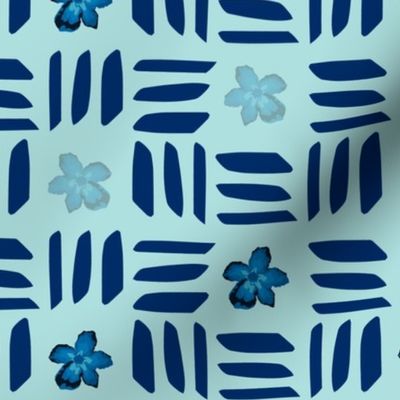 Soft Geometric Lines and Flowers Dark Blue on Blue 