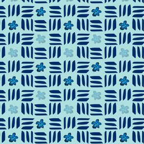 Soft Geometric Lines and Flowers Dark Blue on Blue 