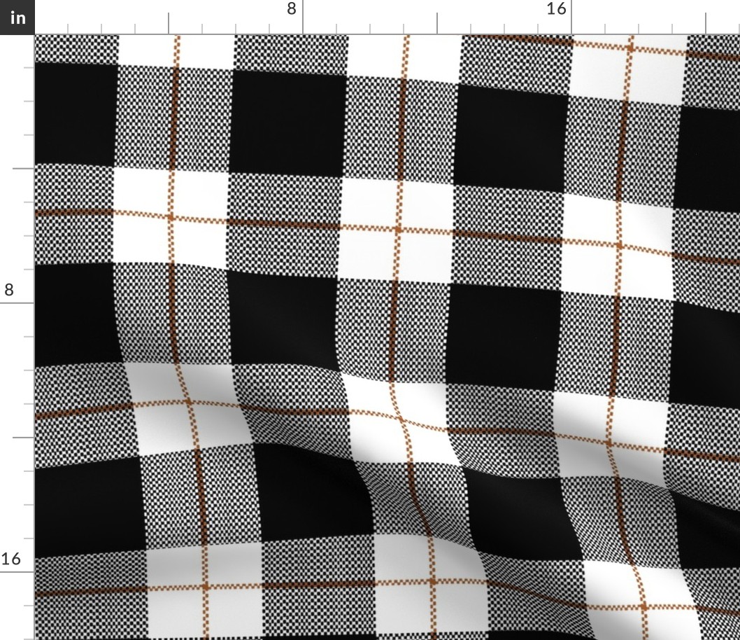 3" Woven Buffalo Check w Window Pane Check - Black and White with Rust (buffalo plaid, black and white plaid, buffalo check, faux woven texture, copper, bronze, terra cotta, cinnamon, pumpkin spice, large, blanket, bedding, three inch scale)