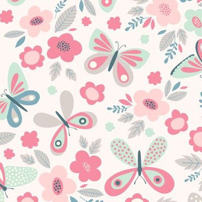 Flowers and Butterflies in Pink, Mint and Beige