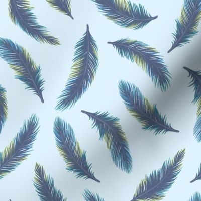 Pastel magic feather, wizard and witch, soft calming, blue green on blue