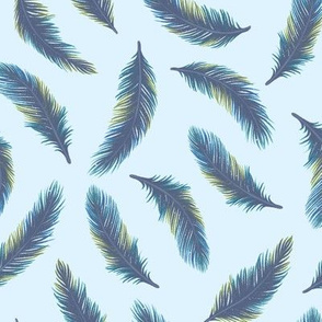 Pastel magic feather, wizard and witch, soft calming, blue green on blue