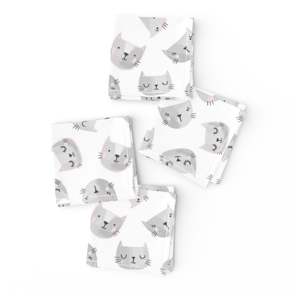 Cute Cat Faces in Gray and Pink on White