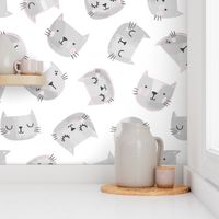 Cute Cat Faces in Gray and Pink on White