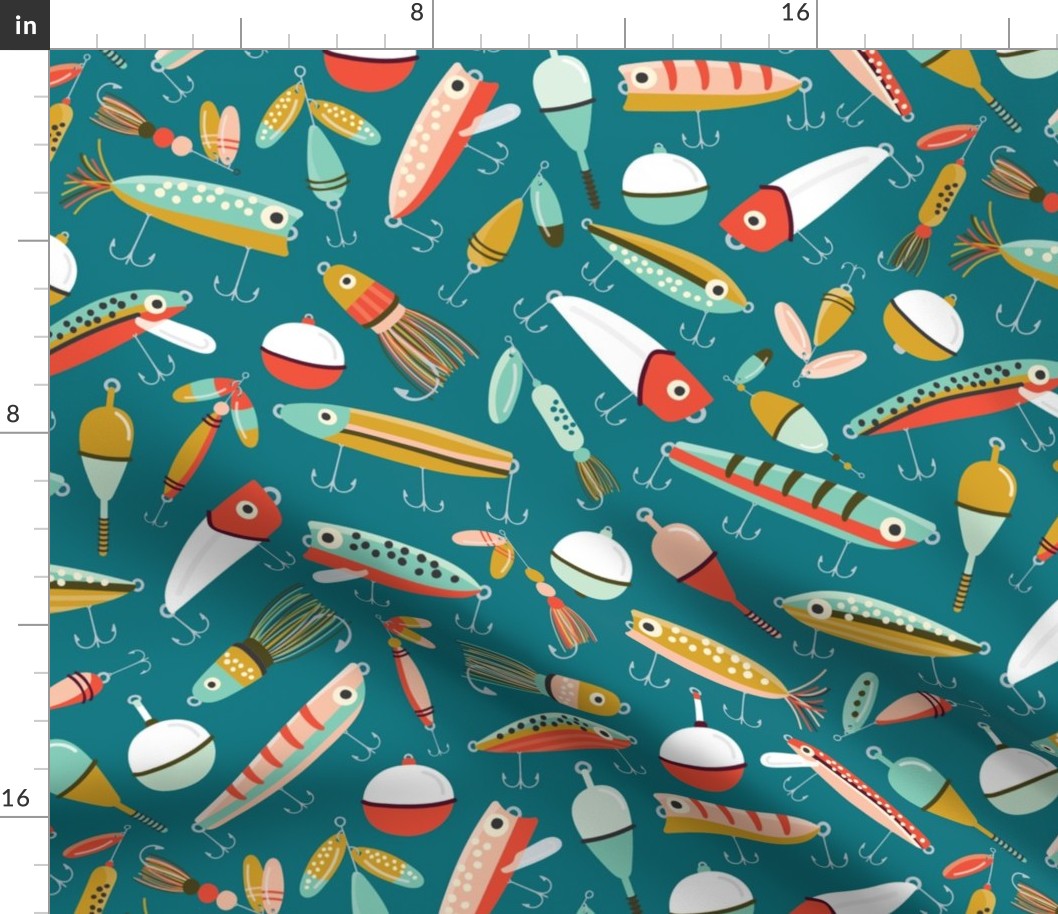 Fishing Lures Dark Teal, Large Scale Fabric