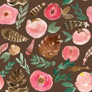 woodland florals on brown