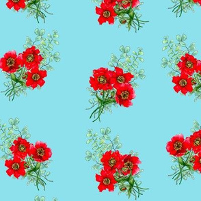Red Poppies and Eucalyptus on Turquoise