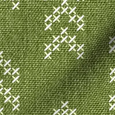 Aztec arrows embroidery white cross-stitch moss green faux fabric texture Wallpaper