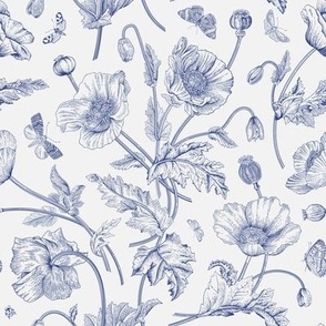 Poppies with butterflies. Blue and white 