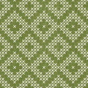 Aztec diamonds cross-stitch moss green linen embroidery Wallpaper