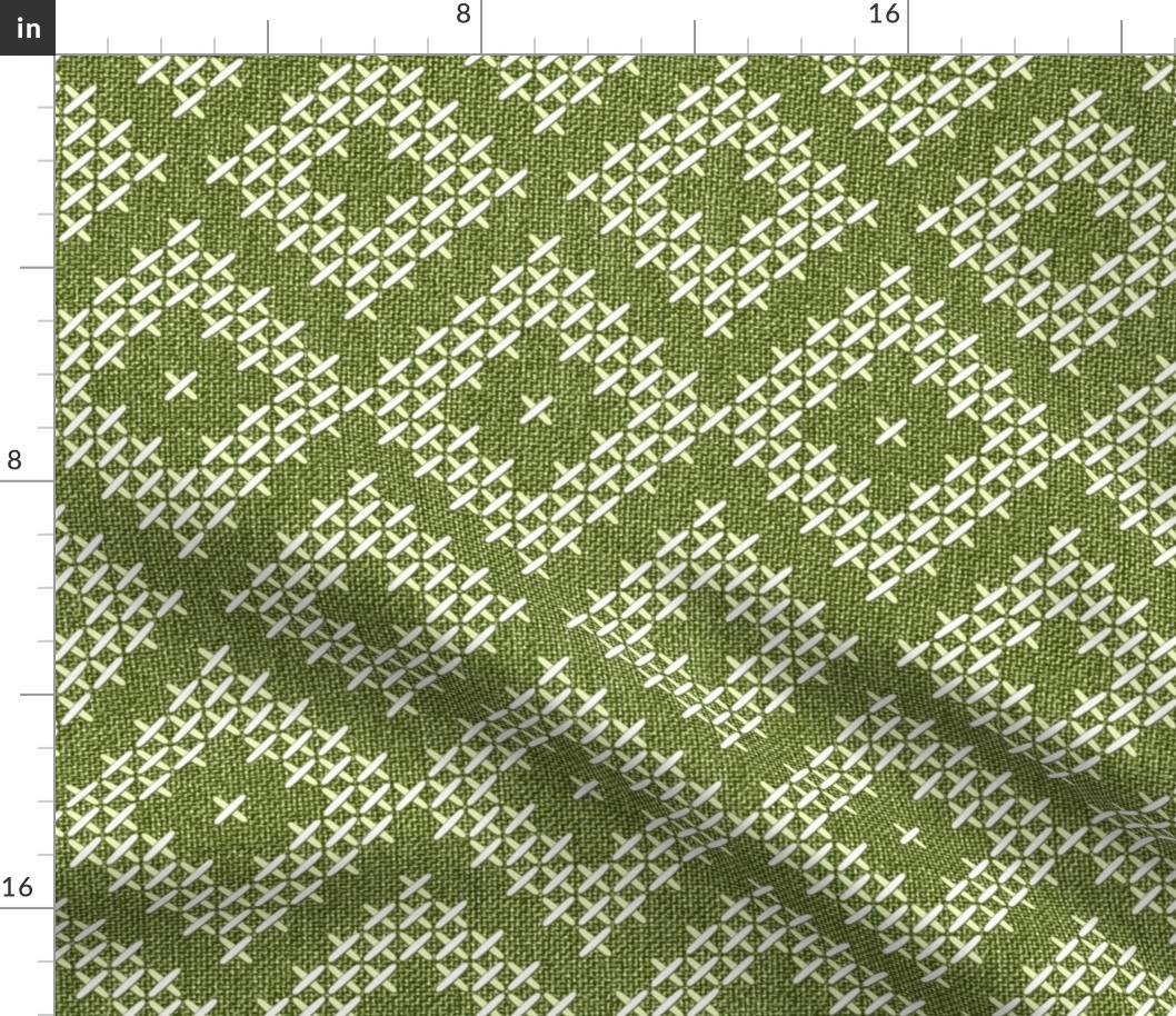 Aztec diamonds cross-stitch moss green linen embroidery Wallpaper