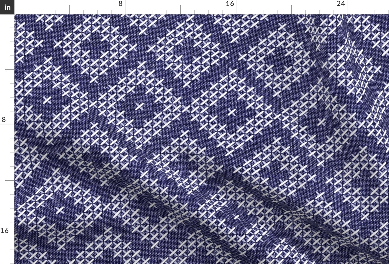Aztec diamonds cross-stitch navy blue faux fabric texture Fabric