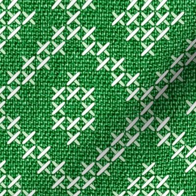 Aztec diamonds cross-stitch grass green linen embroidery Wallpaper