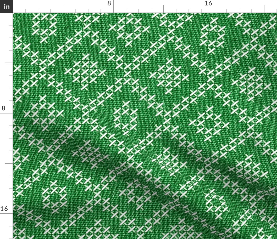 Aztec diamonds cross-stitch grass green linen embroidery Wallpaper