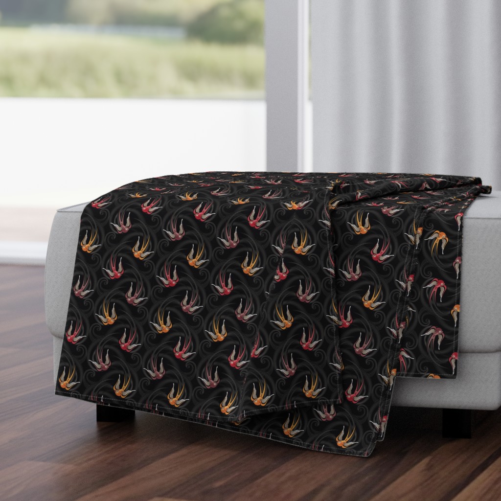 ★ SWALLOW TATTOO ★ Dark Burgundy + Garnet Red + Orange on Black, Small Scale / Collection : Swallows & Polka Dots – Rockabilly Prints