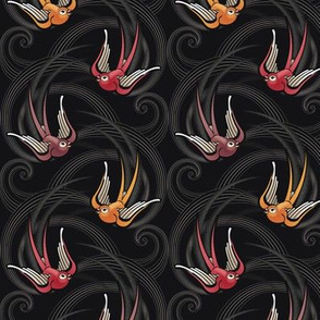 ★ SWALLOW TATTOO ★ Dark Burgundy + Garnet Red + Orange on Black, Small Scale / Collection : Swallows & Polka Dots – Rockabilly Prints