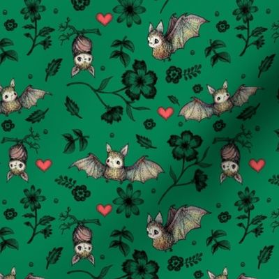 Bat & Hearts, Dark Green, SMALL print