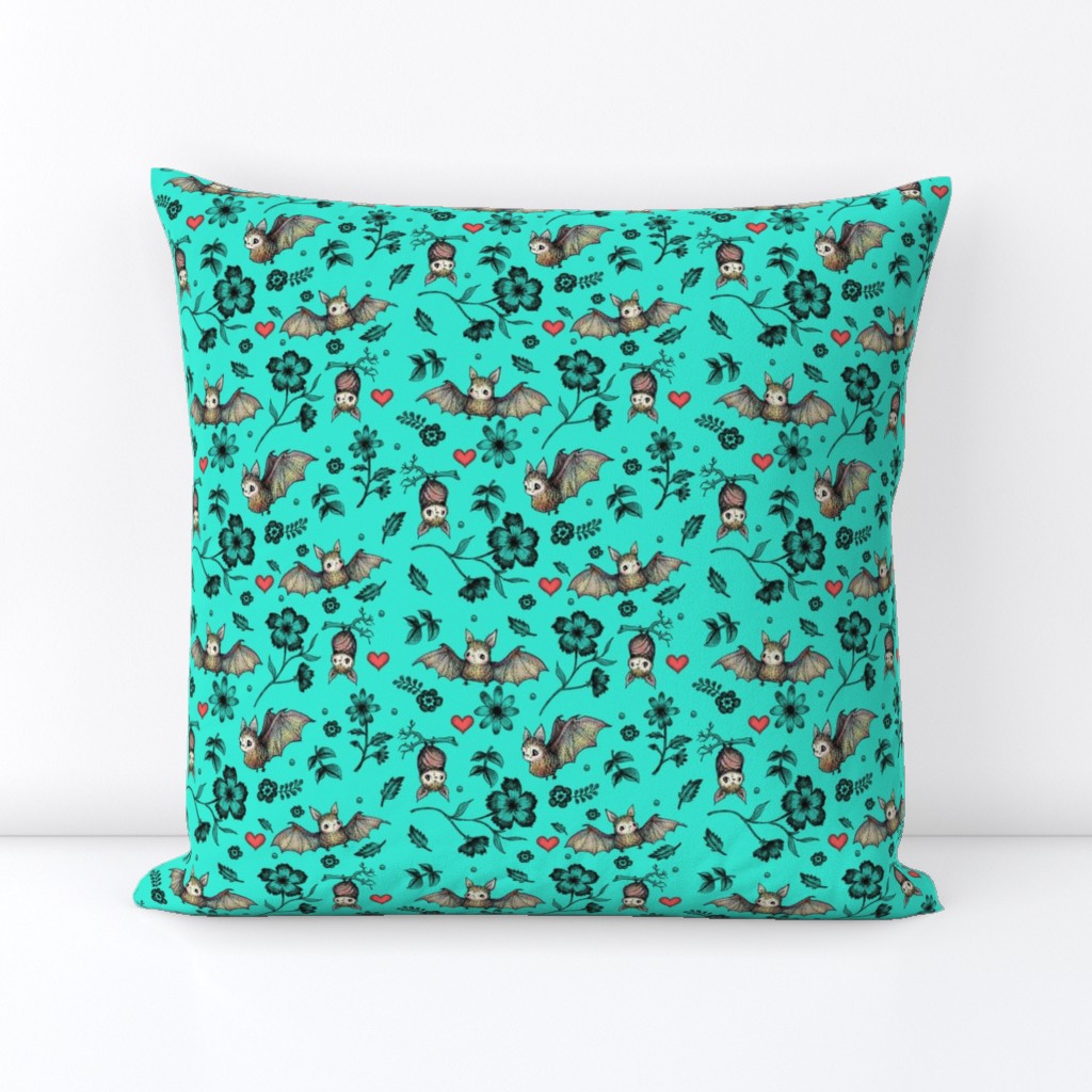 Bats & Hearts, Turquoise, SMALL PRINT