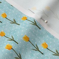 (small scale) Tulips - spring flowers - yellow on blue with polka dots - LAD19BS