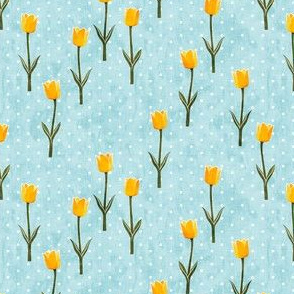 (small scale) Tulips - spring flowers - yellow on blue with polka dots - LAD19BS
