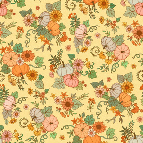 Contemporary Tossed Sunflower and Pumpkin Chintz - yellow