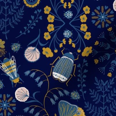 Scandinavian Sampler with Moth and Bee in Navy