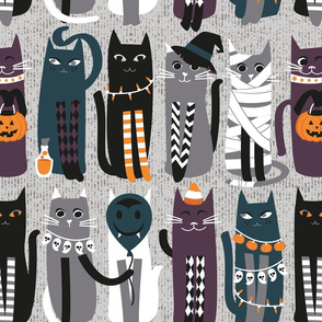 Normal scale // High Gothic Halloween Cats // grey background orange grey pine green white and black kittens