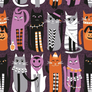 Normal scale // High Gothic Halloween Cats // beet color background orange grey purple white and black kittens