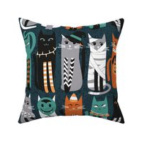 Normal scale // High Gothic Halloween Cats // pine green background orange grey green white and black kittens