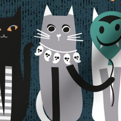 Normal scale // High Gothic Halloween Cats // pine green background orange grey green white and black kittens