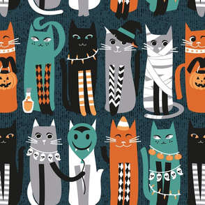 Normal scale // High Gothic Halloween Cats // pine green background orange grey green white and black kittens